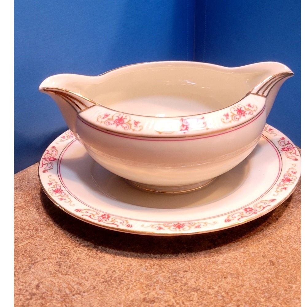 Coronado H&C Bohemia Gravy Boat Attached Underplate Pink Gold Czechoslovakia - Picture 9 of 9